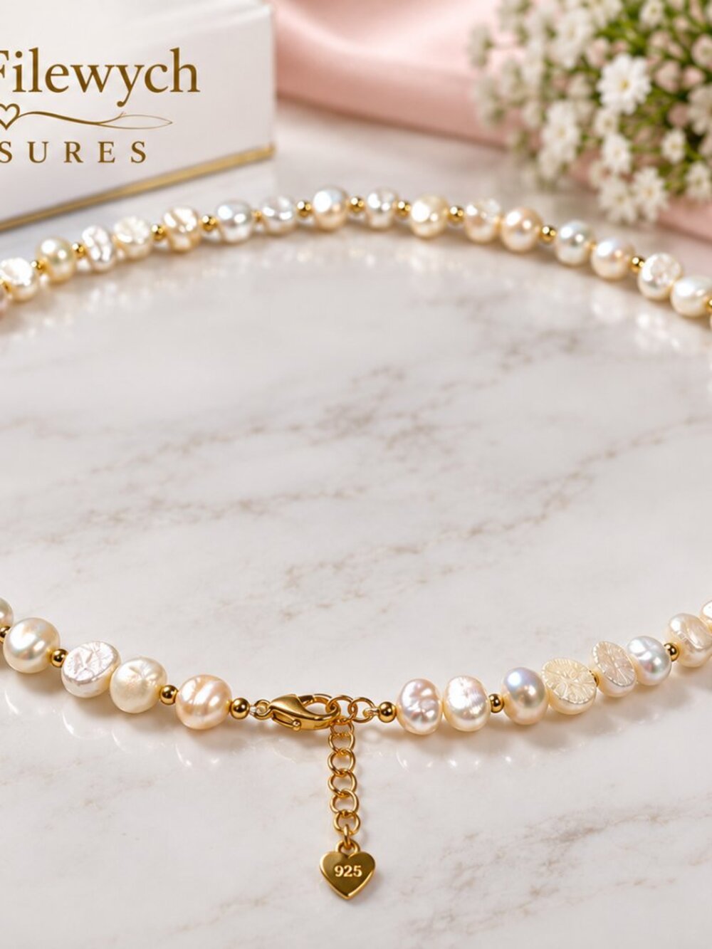 Pearl-52--7-8mm Freshwater Pearl Necklace 18" White Pink 925 Gold Tone Women's J